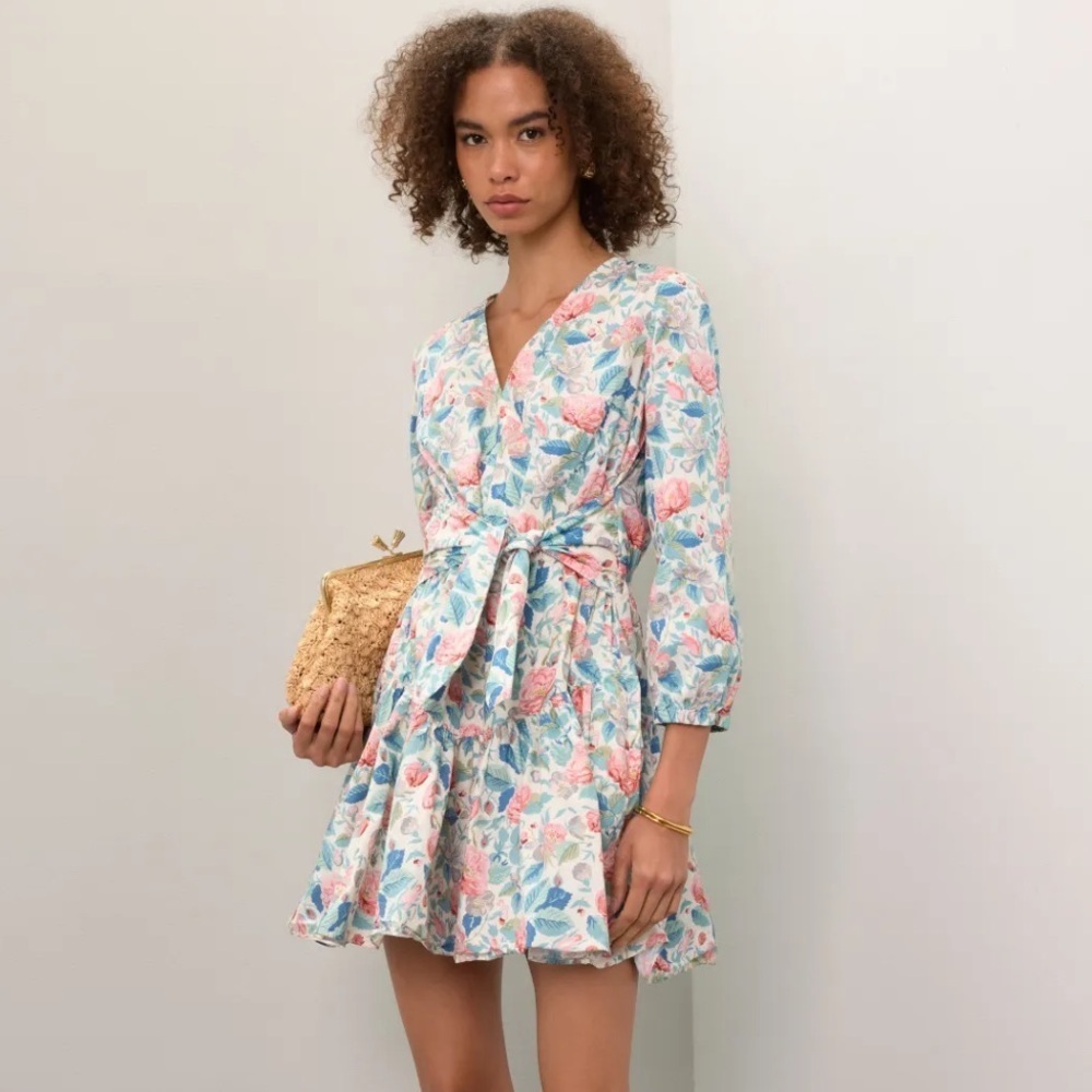 Floral Wrap Mini Dress in Pastel Pink & Blue